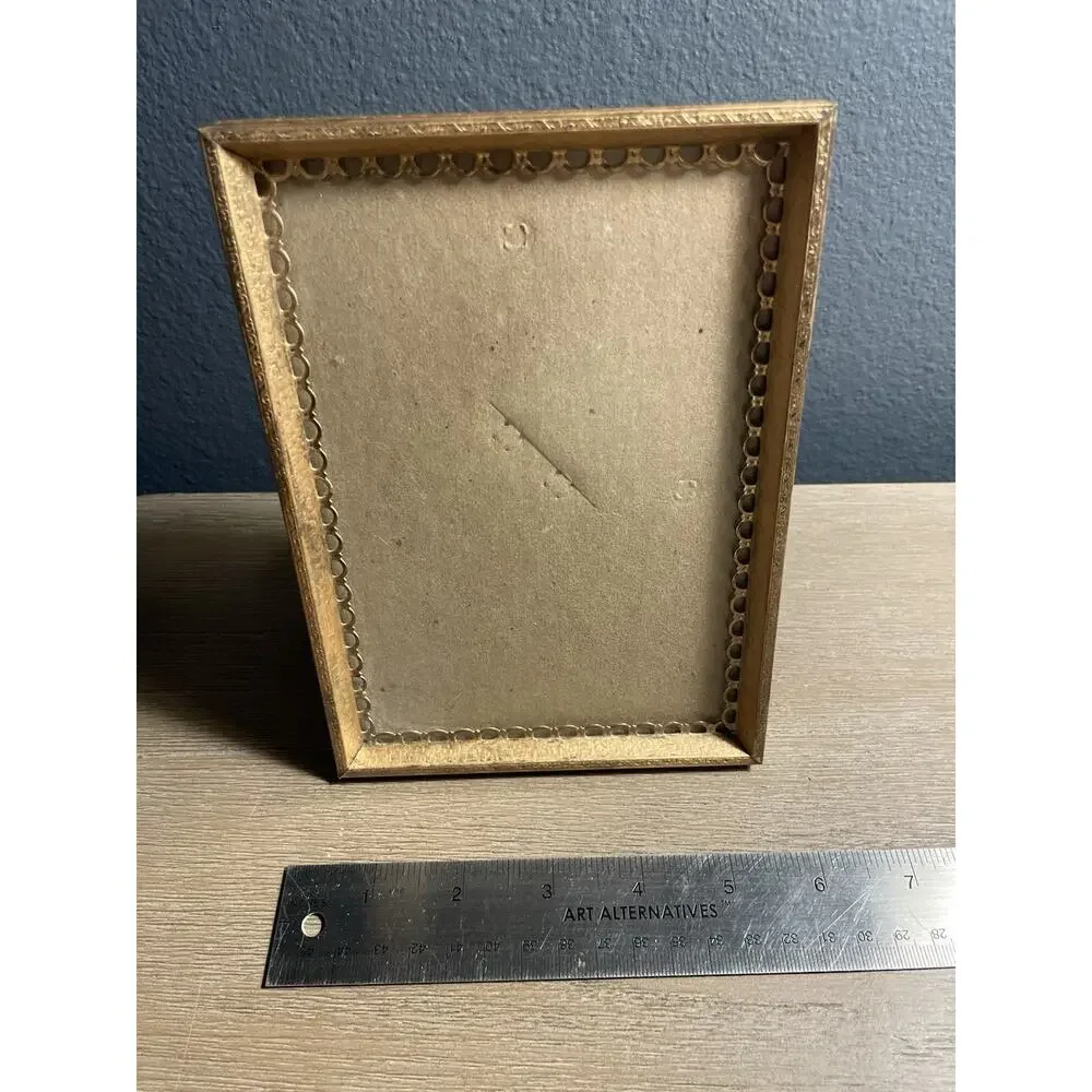 Vintage Ornate Gold Tone Metal Picture Frame Pierced Trim Easel Back With Glass